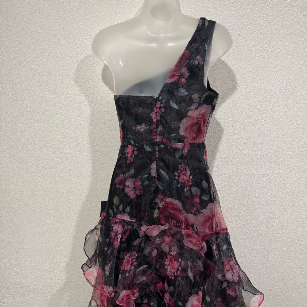 NEW lulus black pink regal organza tiered rose floral one shoulder gown dress - Picture 5 of 10